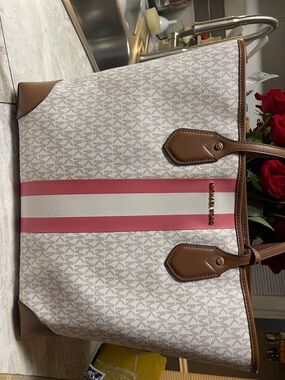 Michael Kors Beige Tote with Pink and White Center Stripe